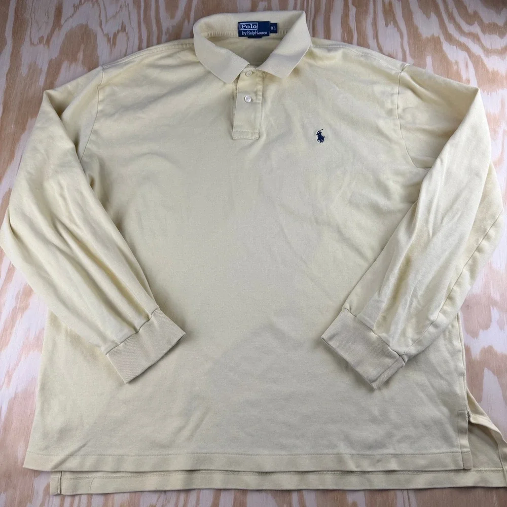 Polo Ralph Lauren‎ Mens XL Long Sleeve Polo Shirt Pale Yellow Navy Pony Logo